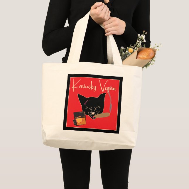 Kentucky Vegan Cat w/Cigar and Whiskey Large Tote Bag (Front (Product))