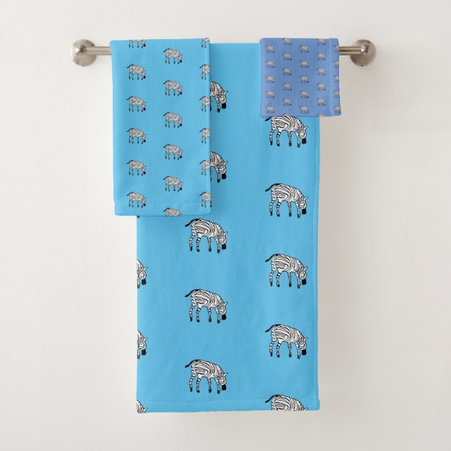  Kenya, African Art, Zebra and Blue Pattern Bath Towel Set (Insitu)