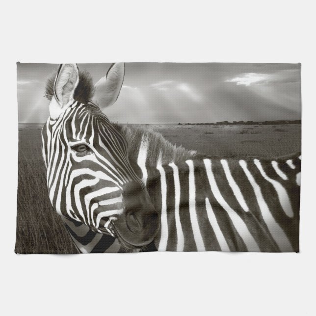 Kenya. Black & white of zebra and plain. Tea Towel (Horizontal)