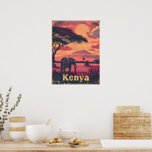 Kenya Elephant Sunset Poster