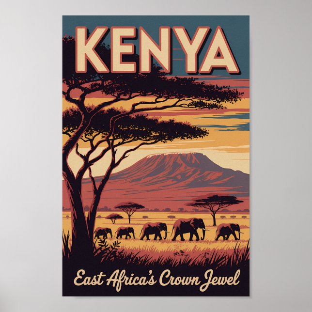 Kenya Elephants Illustration Travel Art Vintage Poster (Front)