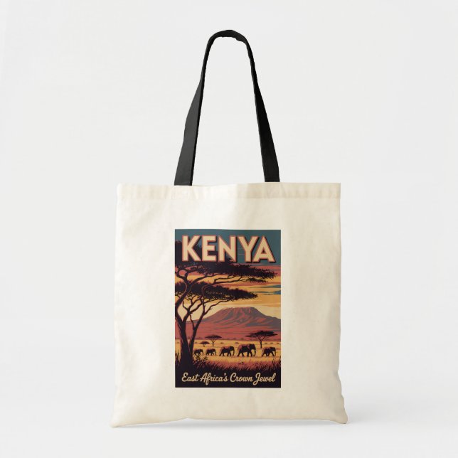 Kenya Elephants Illustration Travel Art Vintage Tote Bag (Front)