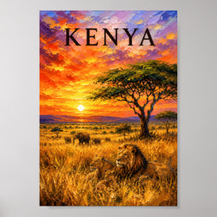 Kenya: Fiery Sunset Safari Art Souvenir Poster