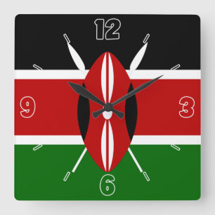 Kenya Flag Black Red Green Shield Numbers Square Wall Clock