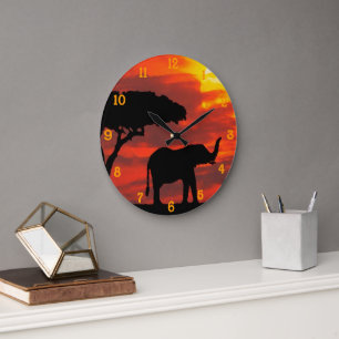 Kenya Safari Elephant Wildlife Sunset Watercolor Large Clock