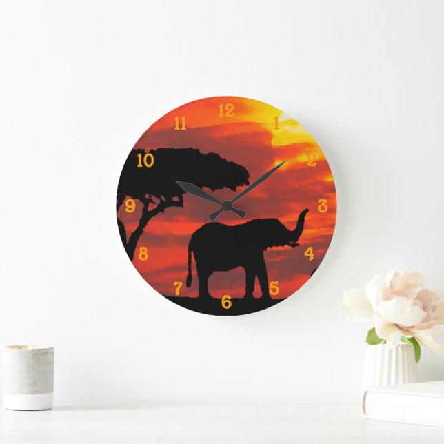 Kenya Safari Elephant Wildlife Sunset Watercolor Large Clock (Home)