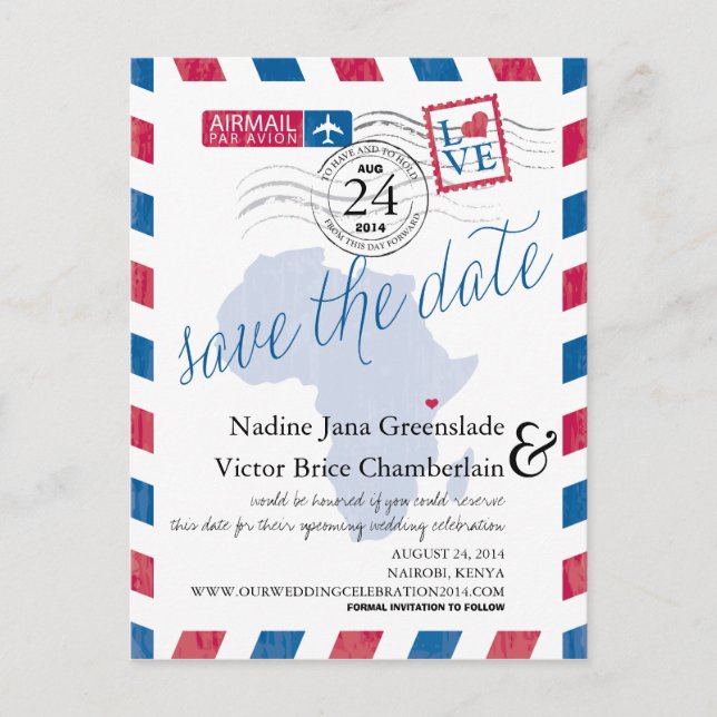KENYA South Africa Airmail Wedding Save The Date Announcement Postcard (Front)
