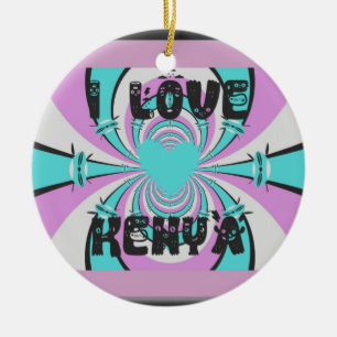 Kenyan Heart Art: I Love Kenya Purple Cyan Abstrac Ceramic Tree Decoration