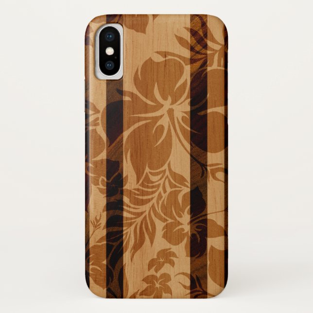Keokea Beach Hibiscus Faux Wood Surfboard Case-Mate iPhone Case (Back)