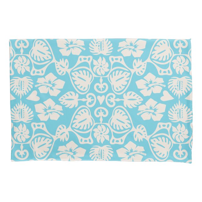 Keoni Hawaiian Monstera Leaf Damask Aqua Pillowcase (Front)