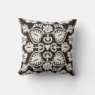 Keoni Hawaiian Monstera Leaf Damask Black Cushion