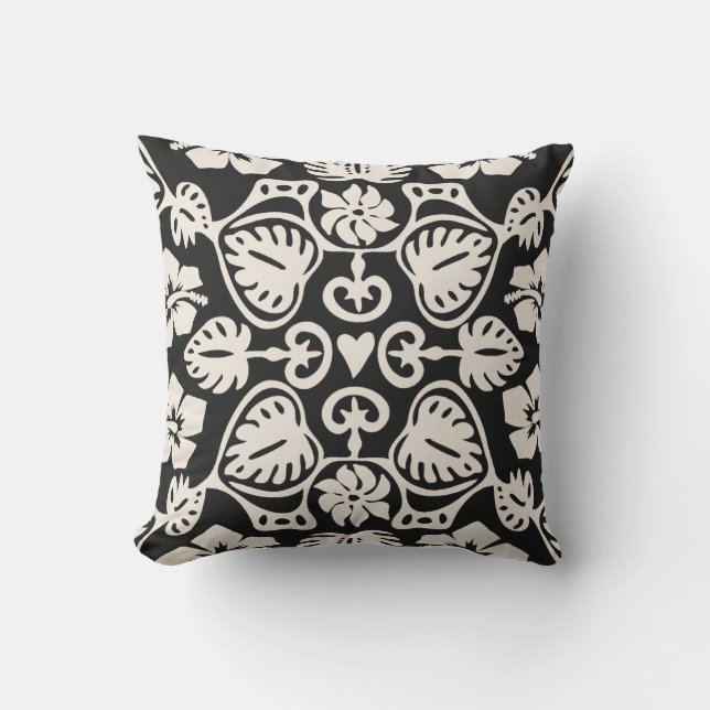 Keoni Hawaiian Monstera Leaf Damask Black Cushion (Front)
