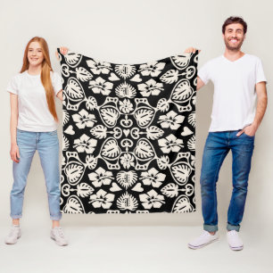 Keoni Hawaiian Monstera Leaf Damask Black Fleece Blanket