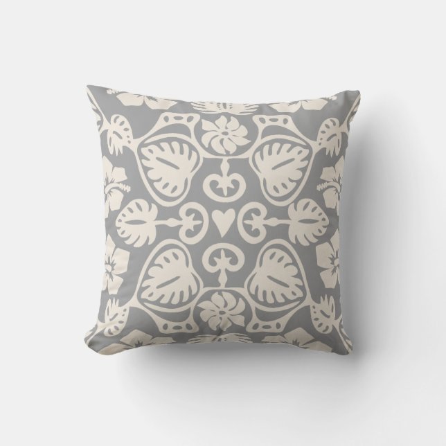 Keoni Hawaiian Monstera Leaf Damask Grey Cushion (Front)