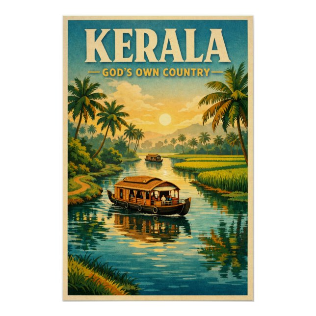 Kerala, India, in a classic retro travel Poster (Front)