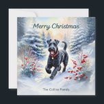 Kerry Blue Terrier In Snow Winter Merry Christmas Holiday Card<br><div class="desc">This attractive Christmas card pictures a Kerry Blue Terrierl enjoying a walk through a snowy landscape, with red berries and evergreen trees on a bright day, in a watercolor style. At the top is the greeting 'Merry Christmas' in stylish script typography, while the text at the bottom can be personalised...</div>