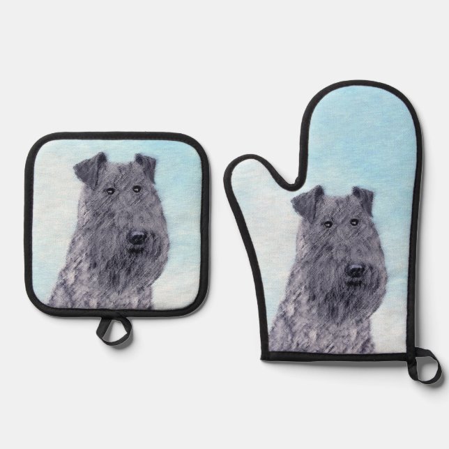 Kerry Blue Terrier Painting Cute Original Dog Art Oven Mitt & Pot Holder Set (Front)