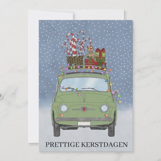 Kerstdagen Dutch Christmas Green Fiat 500  Holiday Card (Front)