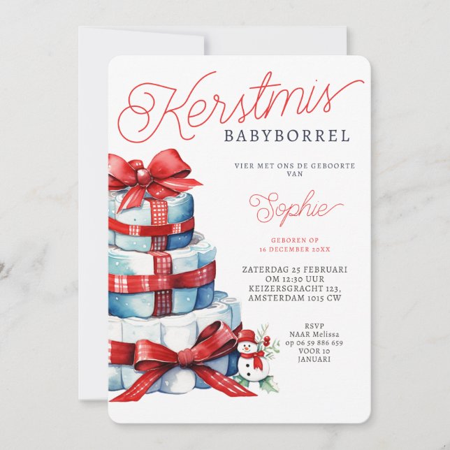 Kerstmis Luiertaart Rood Blauw Babyborrel  Invitation (Front)