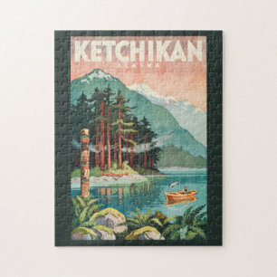 Ketchikan Alaska River Illustration Travel Art Jigsaw Puzzle