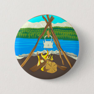 Kettle Over Fire Campfire Cooking Camping Lover 6 Cm Round Badge
