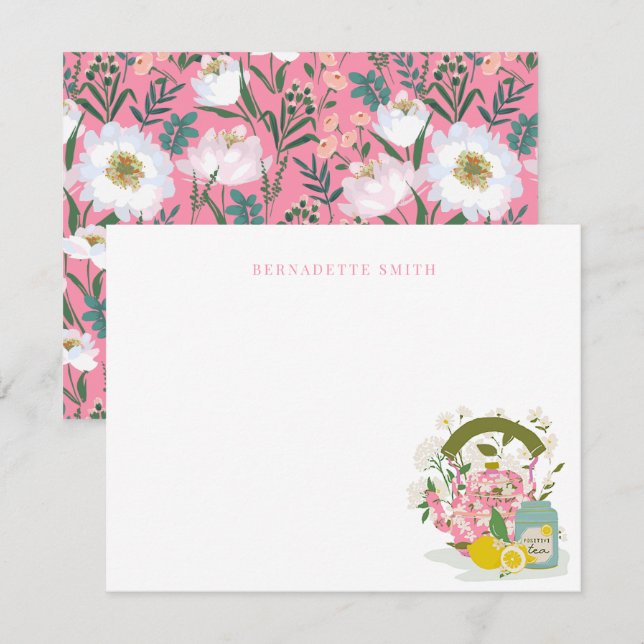 Kettle & Tea Tin Pink Floral Stationery Note Card (Front/Back)