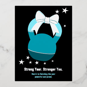 Kettlebell Stronger Year Stronger You Blue Black Foil Holiday Postcard