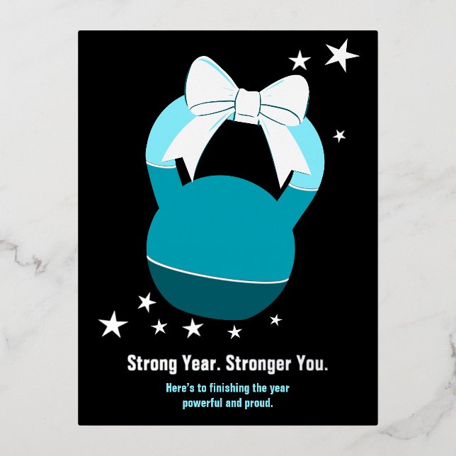Kettlebell Stronger Year Stronger You Blue Black Foil Holiday Postcard (Front)