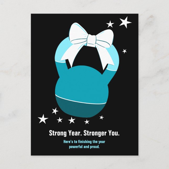 Kettlebell Stronger Year Stronger You Blue Black Holiday Postcard (Front)