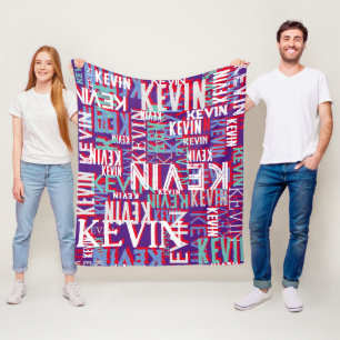 KEVIN Name Repeated on Modern Purple Colour Fleece Blanket