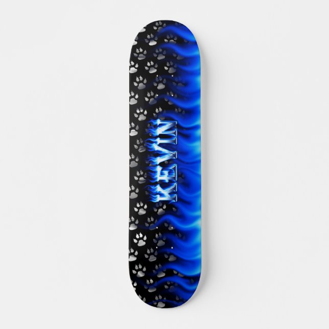Kevin skateboard blue fire and flames design. (Front)