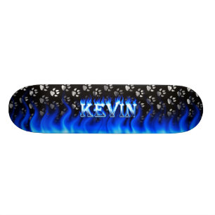Kevin skateboard blue fire and flames design.