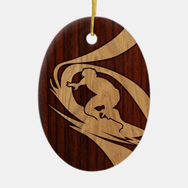 Kewalos Hawaiian Surfer Faux Wood Ceramic Tree Decoration (Front)