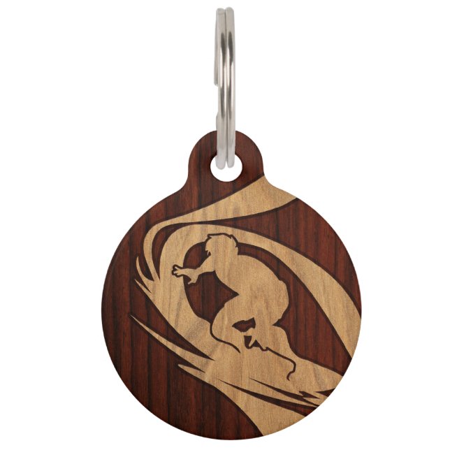 Kewalos Hawaiian Surfer Faux Wood Pet Tag (Front)