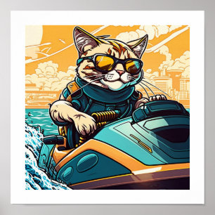 Kewl Beans- Cool Cat with sunglasses on a jetski Poster