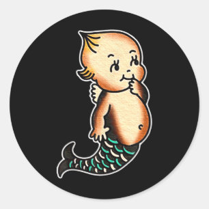 Kewpie Baby Mermaid Traditional Tattoo Flash  Classic Round Sticker