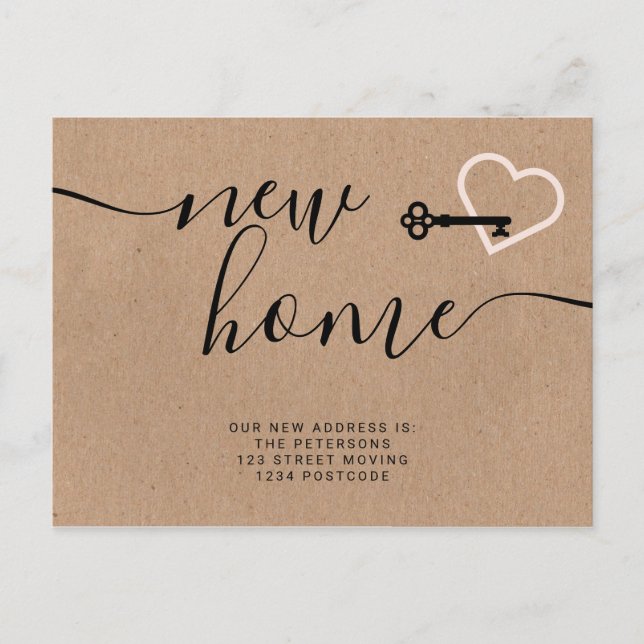 Key blush pink kraft new home heart moving announcement postcard (Front)