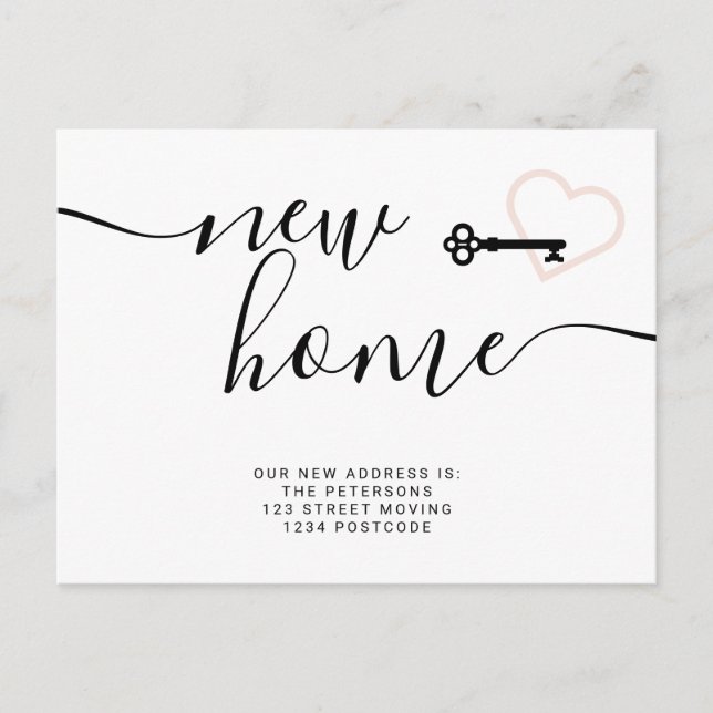 Key blush pink minimal new home heart moving announcement postcard (Front)