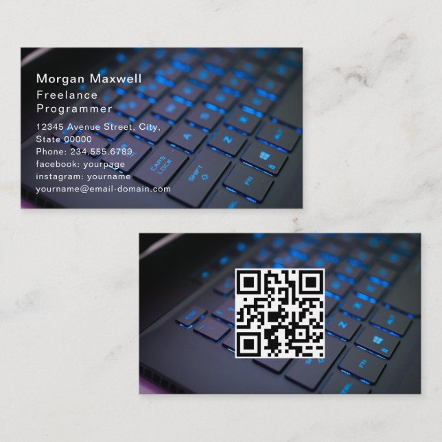 Key board Computer Programmer QR Code blue  Business Card (Front/Back)