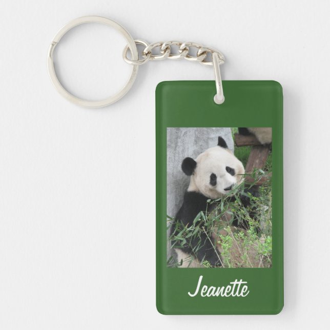 Key chain, Rectangular Cute Panda on Green, Name, Key Ring (Front)