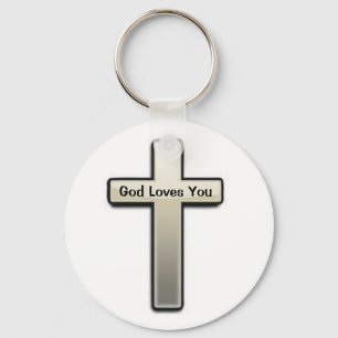 Key Chain Silver Cross God Loves You