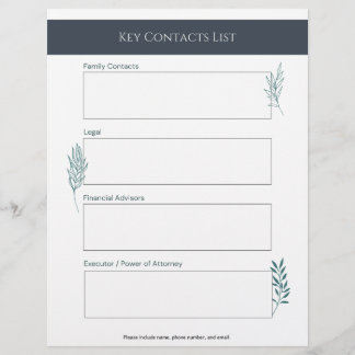 Key Contacts List Info Sheet Custom Letterhead