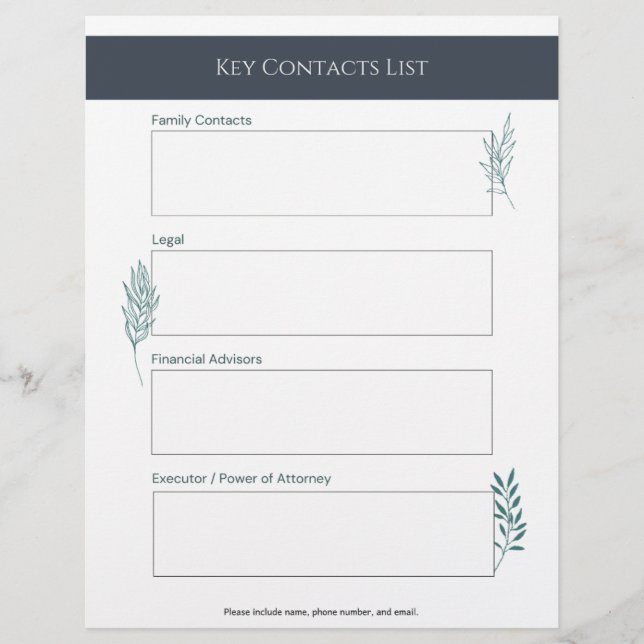 Key Contacts List Info Sheet Custom Letterhead (Front)