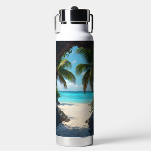 Key hole view of beautiful beach scene and palms water bottle