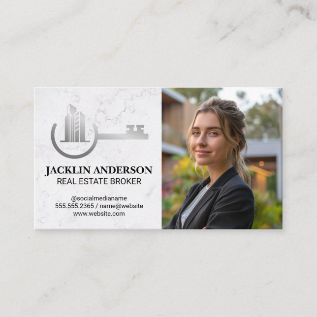 Key Home Real Estate Logo | Business Woman Business Card (Front)