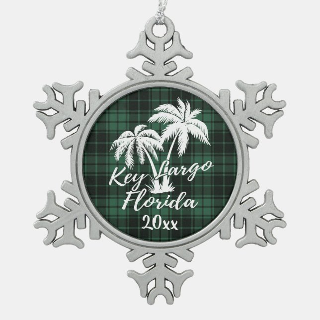 Key Largo Beach Florida Palm Green Plaid Snowflake Pewter Christmas Ornament (Front)