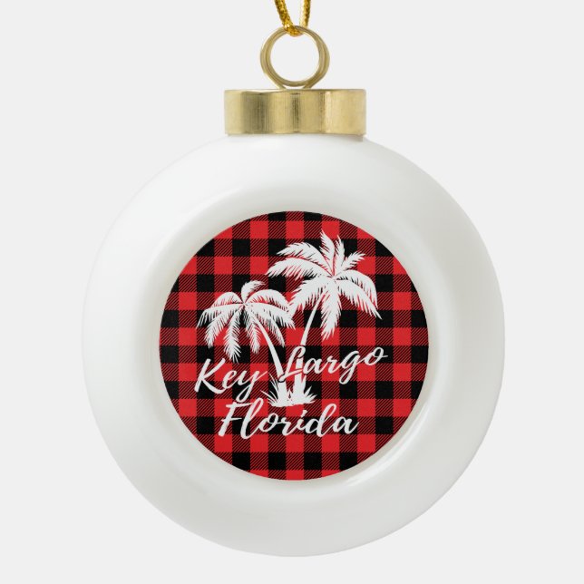 Key Largo Florida Palm Trees Beach Red Plaid Ceramic Ball Christmas Ornament (Front)