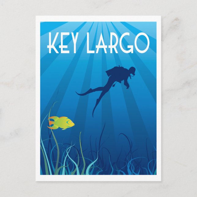 Key Largo Illustration with Diver and Fish Postcard (Front)