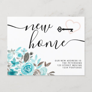 Key teal floral watercolor new home heart moving announcement postcard