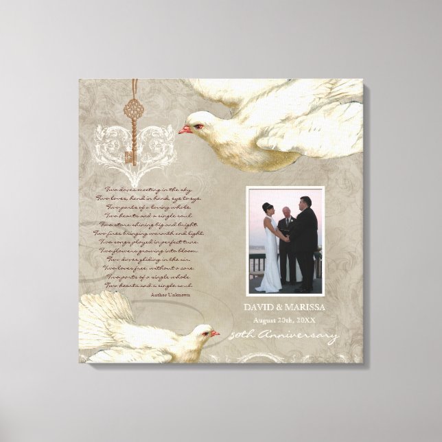 Key to Heart Dove 50th Wedding Anniversary Photo Canvas Print (Front)